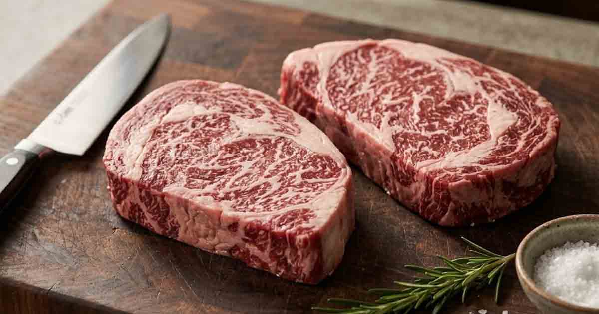 Two raw, well-marbled Delmonico steak cuts on a wooden butcher block next to fresh rosemary and sea salt. delmonico steak recipe pan seared for all