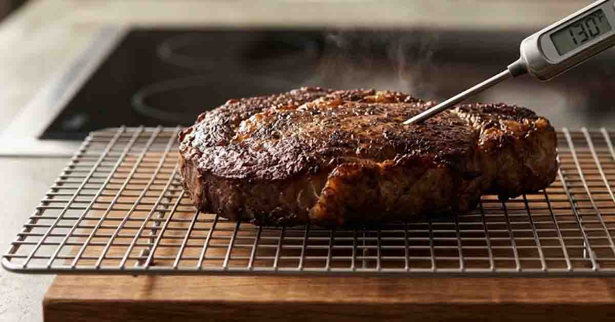 Digital meat thermometer measuring the internal temperature of a thick Delmonico steak on a wire cooling rack. delmonico steak recipe pan seared for all. delmonico steak recipe pan seared restaurant taste