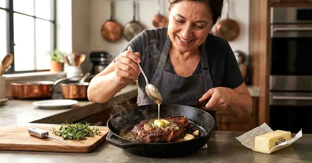 A woman pouring cooking oil onto a raw steak in a kitchen pan. delmonico steak recipe pan seared