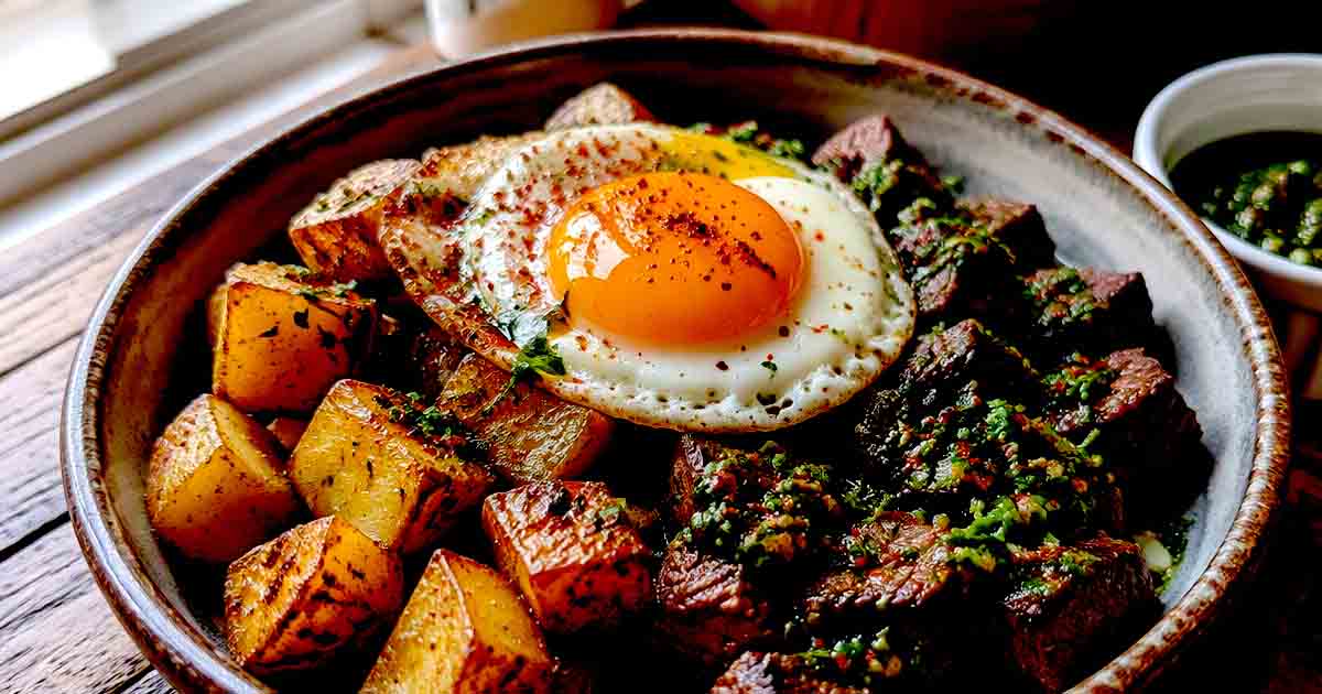 Chimichurri steak and potato bowl with fried egg – crispy paprika potatoes and seared sirloin.