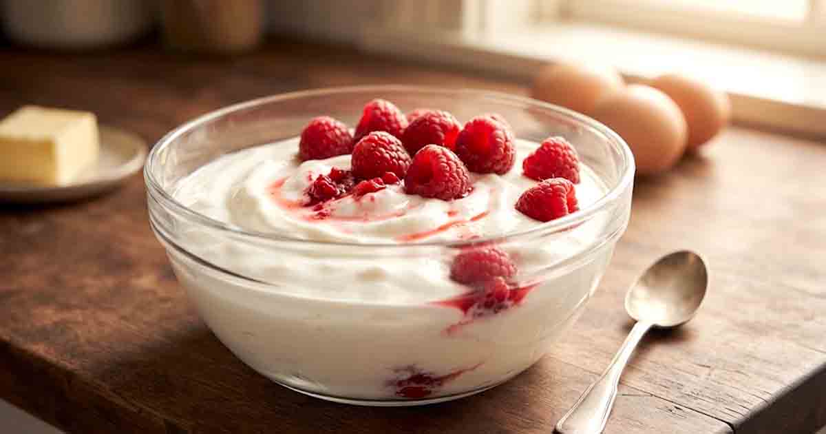 A clear glass bowl filled with thick full-fat yogurt topped with fresh red raspberries and a silver spoon. 7-day-animal-based diet meal plan