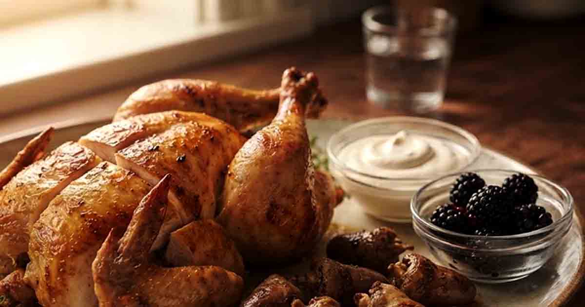 Golden brown roasted whole chicken served alongside a bowl of fresh blackberries and creamy sauce. 7-day-animal-based diet meal plan