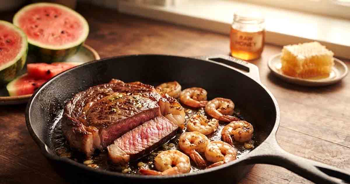 Cast-iron skillet featuring a sliced ribeye steak and sizzling shrimp, accompanied by fresh watermelon slices and raw honey. 7-day-animal-based diet meal plan