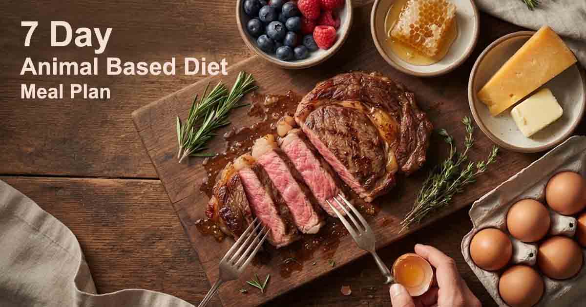 A multi-panel food photography collage highlighting essential animal-based ingredients including sliced steak, aged cheese, honeycomb, berries, and eggs. 7-day-animal-based diet meal plan