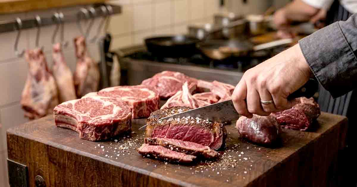 A chef's hand with a ring uses a sharp knife to slice a perfectly seared, medium-rare ribeye steak on a heavy-duty wooden cutting board, representing core components of an animal-based diet food list.