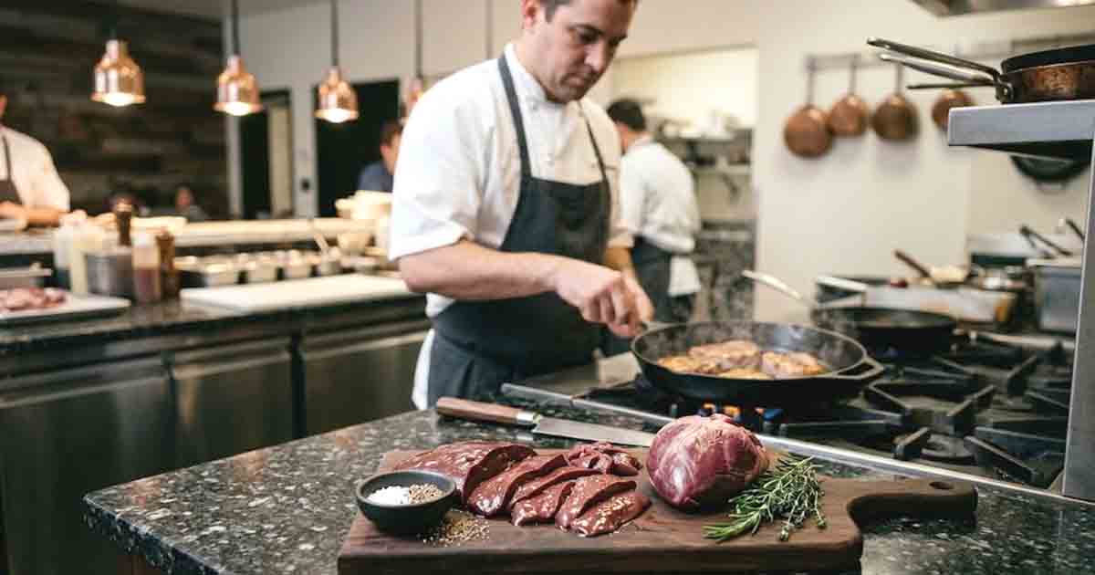 A chef in a restaurant kitchen uses tongs to move sliced beef liver and heart in a sizzling cast-iron pan on a gas stovetop, showcasing nutrient-dense organ meats from an animal-based diet food list.