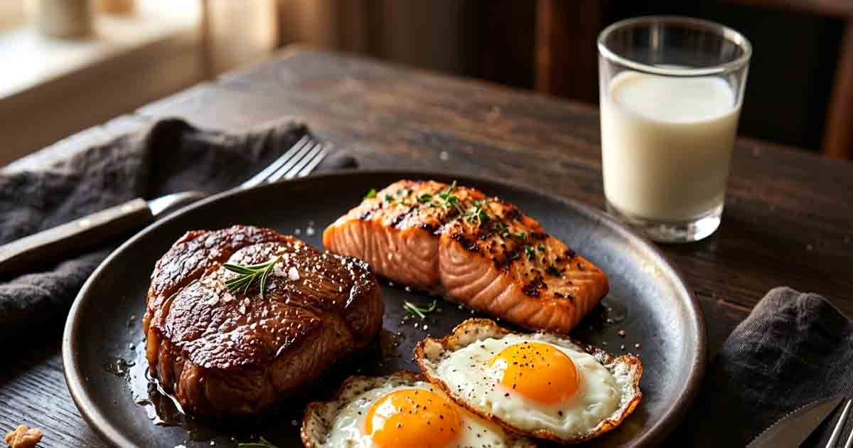 Seared ribeye steak, grilled salmon, and fried eggs representing a Dr. Eric carnivore diet meal.