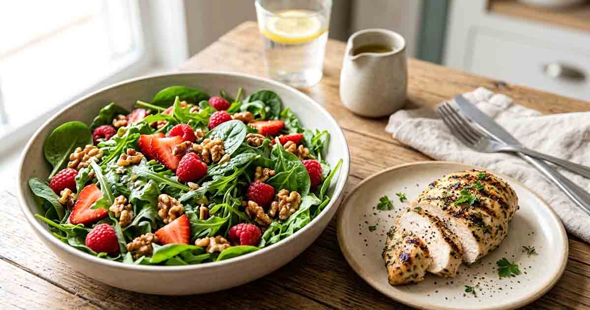Sliced grilled chicken breast with a side spinach and berry salad discussed in Dr. Eric carnivore diet variations.