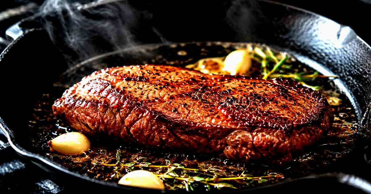 Teres Major steak searing in a cast-iron skillet